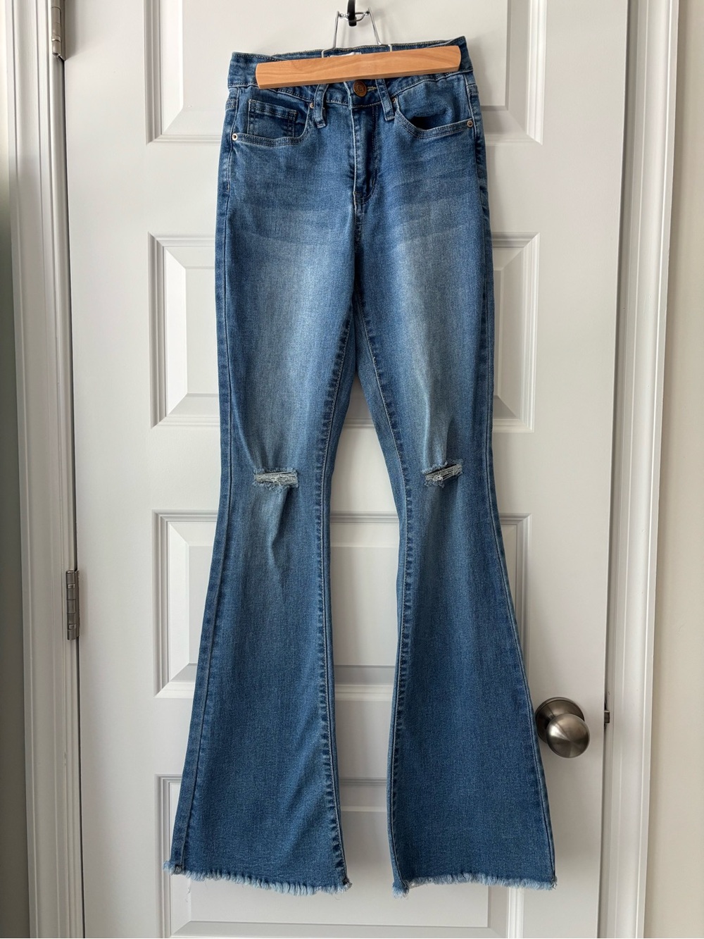 YMI Jeans Medium Blue Flare Distressed Jeans Size 1/25